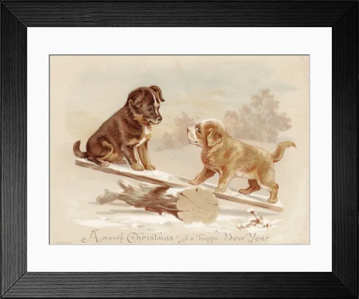 Framed Print : Two puppies on a seesaw on a Christmas card Framed Print : Two puppies on a seesaw on a Christmas card
