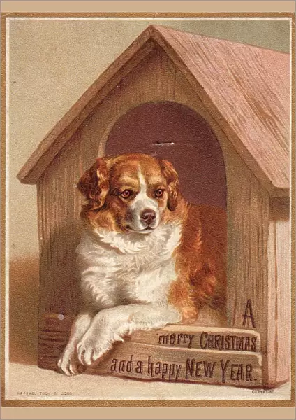 Large dog in its kennel on a Christmas and New Year card