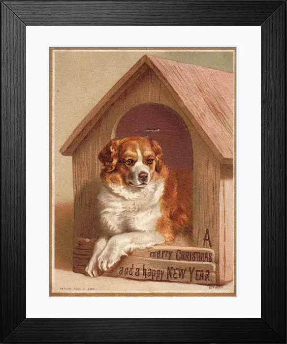 Framed Print : Large dog in its kennel on a Christmas and New Year card Framed Print : Large dog in its kennel on a Christmas and New Year card