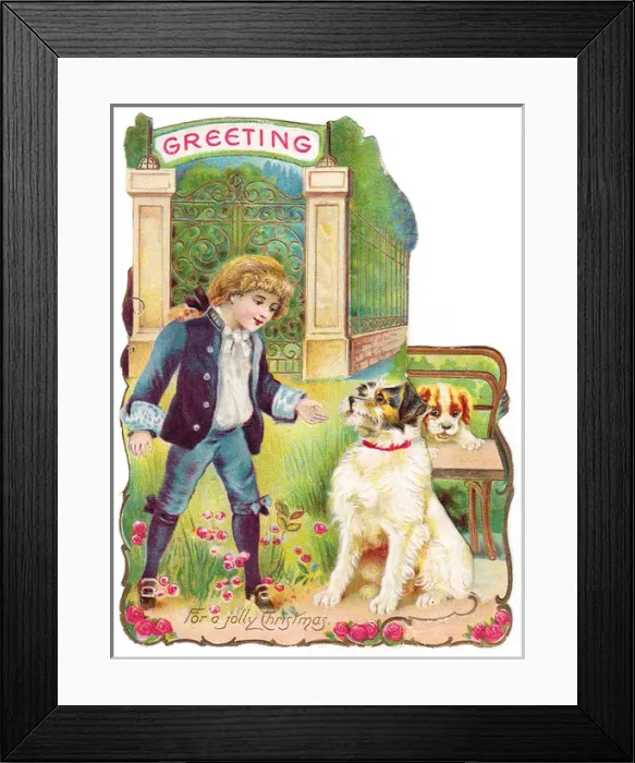 Framed Print : Little boy with two dogs on a cutout Christmas card Framed Print : Little boy with two dogs on a cutout Christmas card