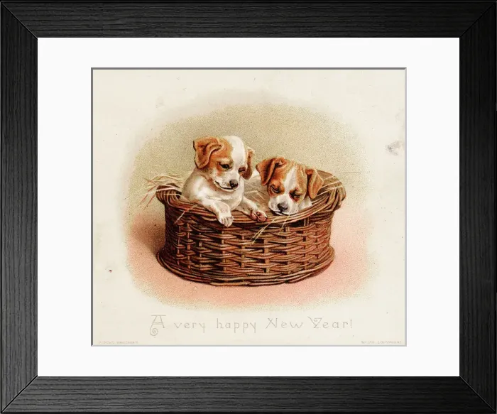 Framed Print : Two puppies in a basket on a New Year card Framed Print : Two puppies in a basket on a New Year card