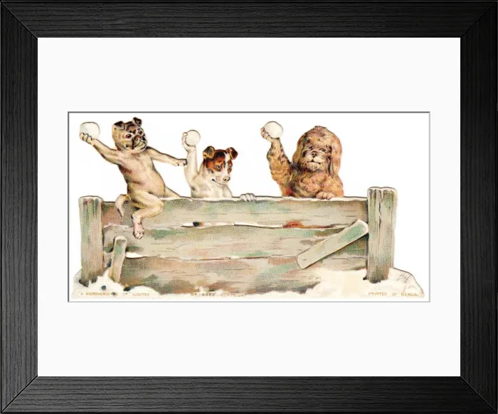 Framed Print : Three dogs throwing snowballs on a Christmas card Framed Print : Three dogs throwing snowballs on a Christmas card