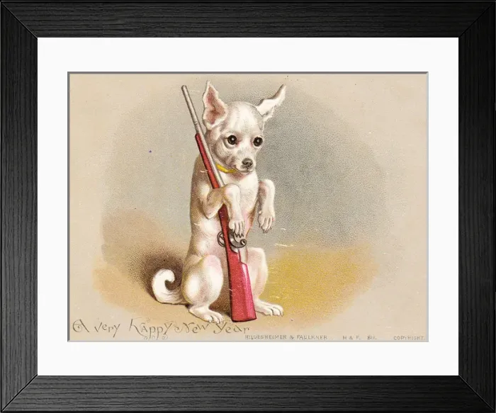 Framed Print : Little dog with toy gun on a New Year card Framed Print : Little dog with toy gun on a New Year card