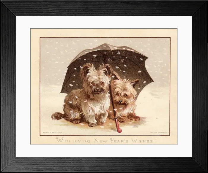 Framed Print : Two little dogs in the snow on a New Year card Framed Print : Two little dogs in the snow on a New Year card