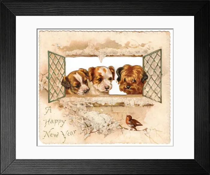 Framed Print : Three puppies and a robin on a New Year card Framed Print : Three puppies and a robin on a New Year card