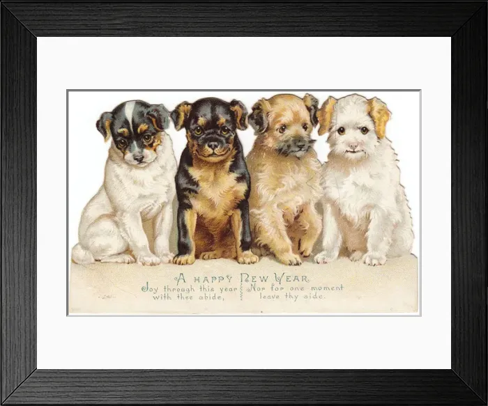 Framed Print : Four puppies on a New Year card Framed Print : Four puppies on a New Year card