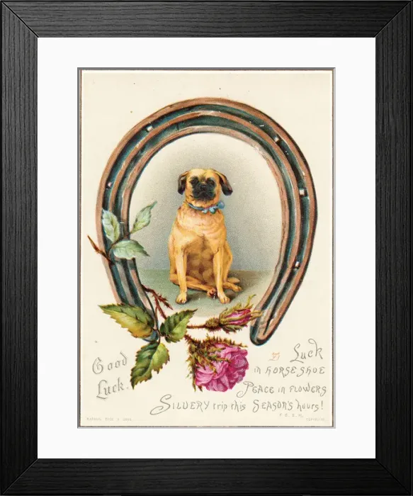 Framed Print : Dog with horseshoe and rose on a Good Luck card Framed Print : Dog with horseshoe and rose on a Good Luck card