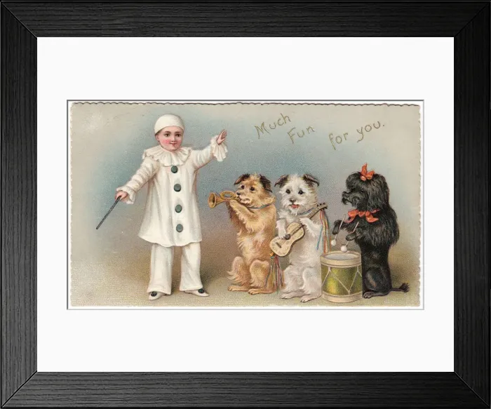 Framed Print : Three musical dogs and a clown on a greetings card Framed Print : Three musical dogs and a clown on a greetings card