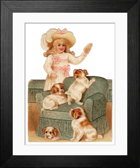 Framed Print : Little girl with four puppies on a cutout greetings card Framed Print : Little girl with four puppies on a cutout greetings card