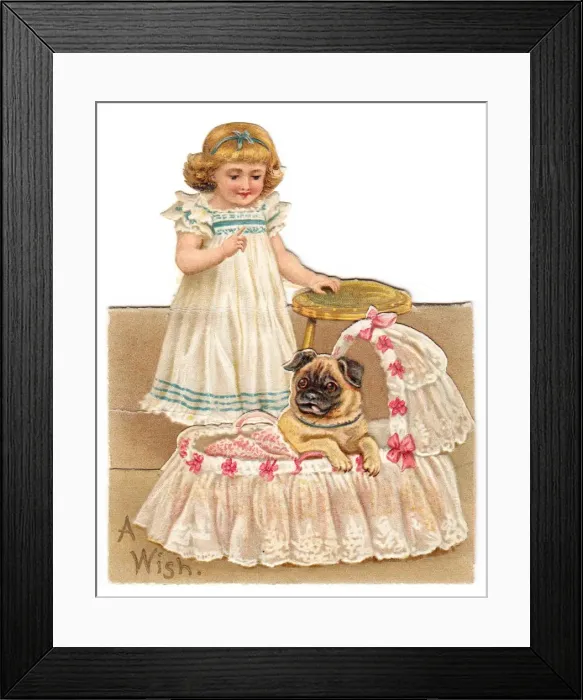 Framed Print : Little girl with pug dog on a cutout greetings card Framed Print : Little girl with pug dog on a cutout greetings card