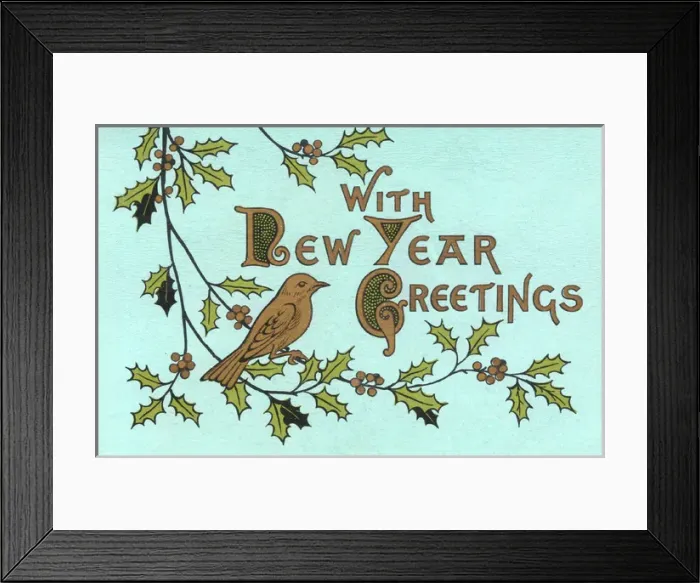 Framed Print : New Year greetings card with bird and holly Framed Print : New Year greetings card with bird and holly
