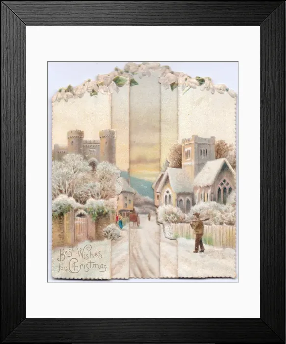 Framed Print : Snow scene in a village on a Christmas card Framed Print : Snow scene in a village on a Christmas card
