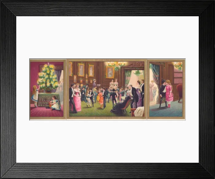 Framed Print : Family scenes on a three-part Christmas card Framed Print : Family scenes on a three-part Christmas card