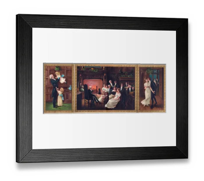 Framed Print : Family scenes on a three-part Christmas card Framed Print : Family scenes on a three-part Christmas card