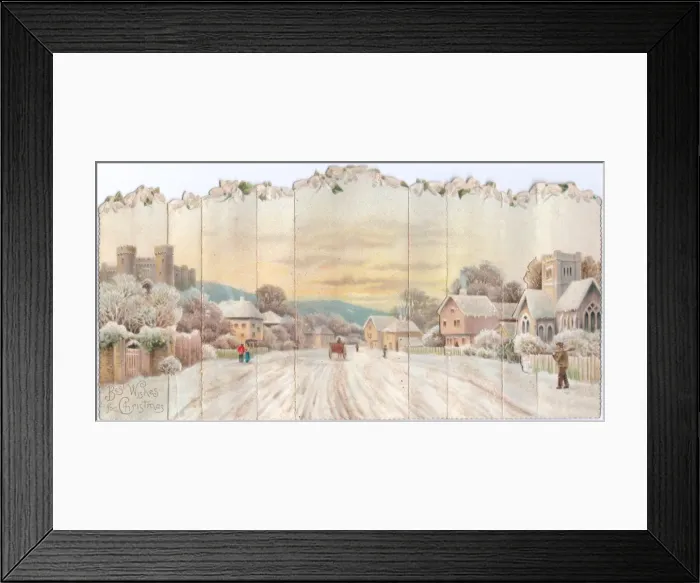 Framed Print : Snow scene in a village on a Christmas card Framed Print : Snow scene in a village on a Christmas card