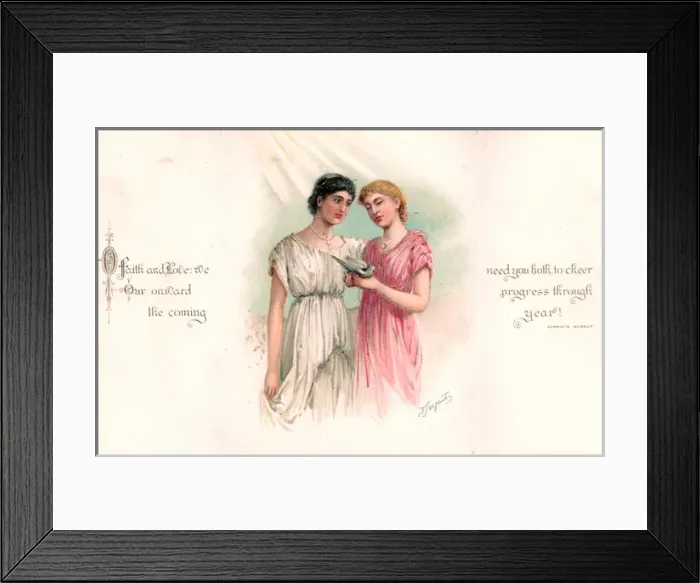 Framed Print : Two women with dove on a New Year card Framed Print : Two women with dove on a New Year card