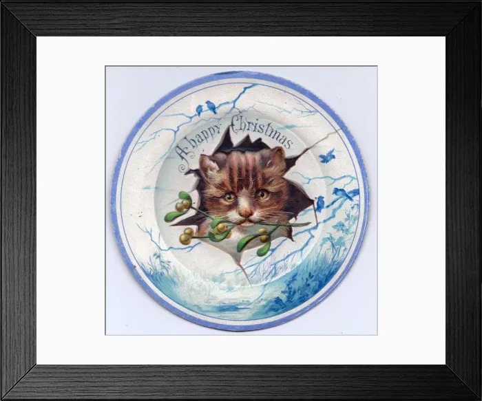 Framed Print : Cat on plate design on a Christmas card Framed Print : Cat on plate design on a Christmas card
