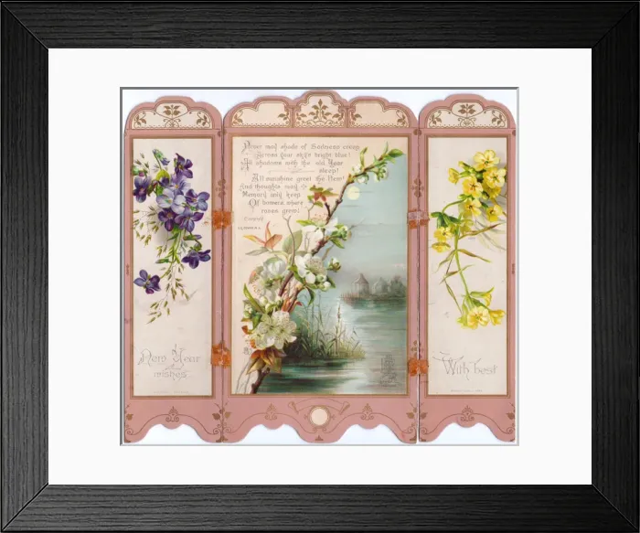 Framed Print : Three floral scenes on a New Year card Framed Print : Three floral scenes on a New Year card