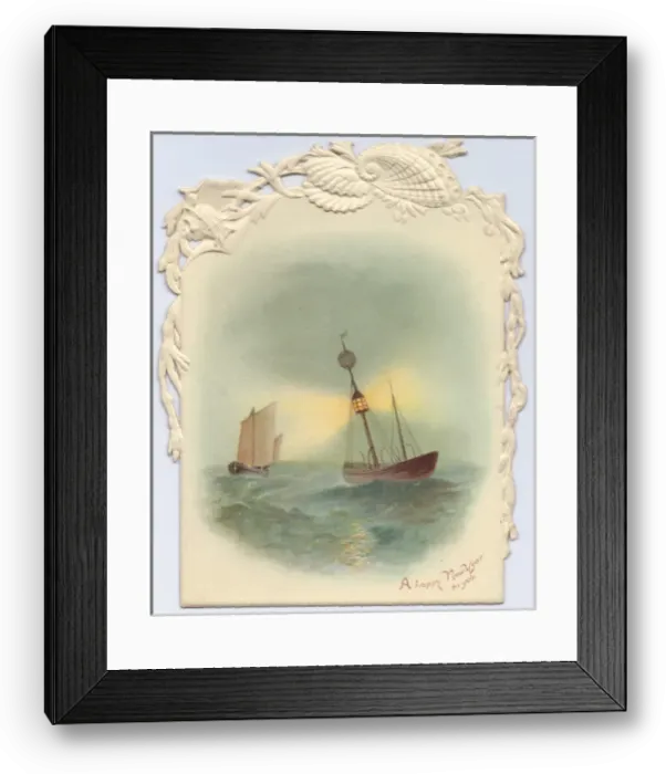 Framed Print : Sailing boat and lightship on a New Year card