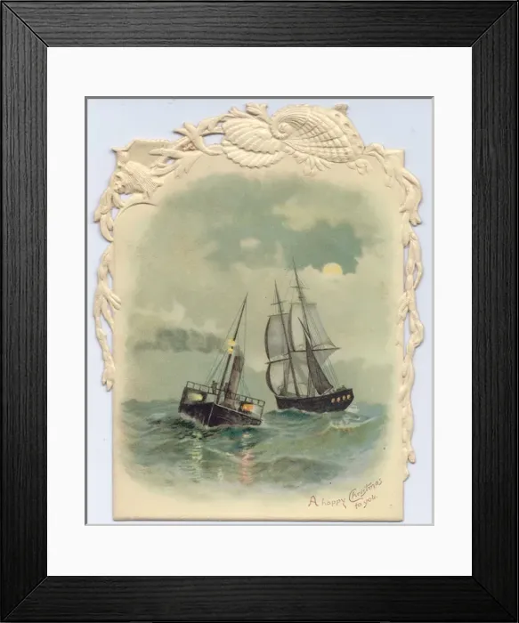Framed Print : Sailing ship and lightship on a Christmas card Framed Print : Sailing ship and lightship on a Christmas card