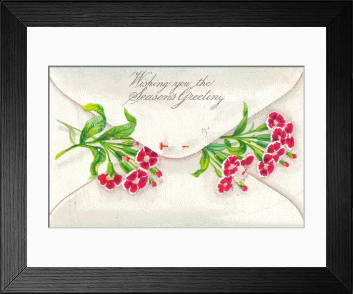 Framed Print : Red flowers in an envelope on a Christmas card Framed Print : Red flowers in an envelope on a Christmas card
