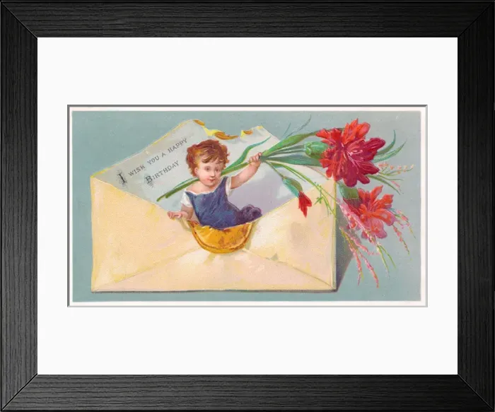 Framed Print : Little girl with flowers in an envelope on a birthday card Framed Print : Little girl with flowers in an envelope on a birthday card