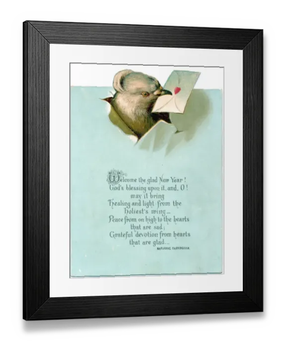 Framed Print : Bird with envelope on a New Year card Framed Print : Bird with envelope on a New Year card