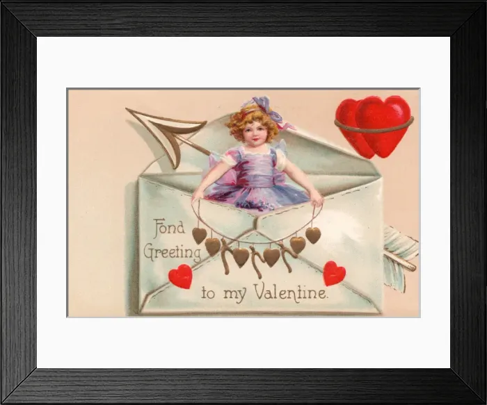 Framed Print : Little girl with hearts in an envelope on a Valentine card Framed Print : Little girl with hearts in an envelope on a Valentine card