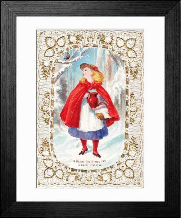 Framed Print : Girl in red cloak on a Christmas and New Year card Framed Print : Girl in red cloak on a Christmas and New Year card