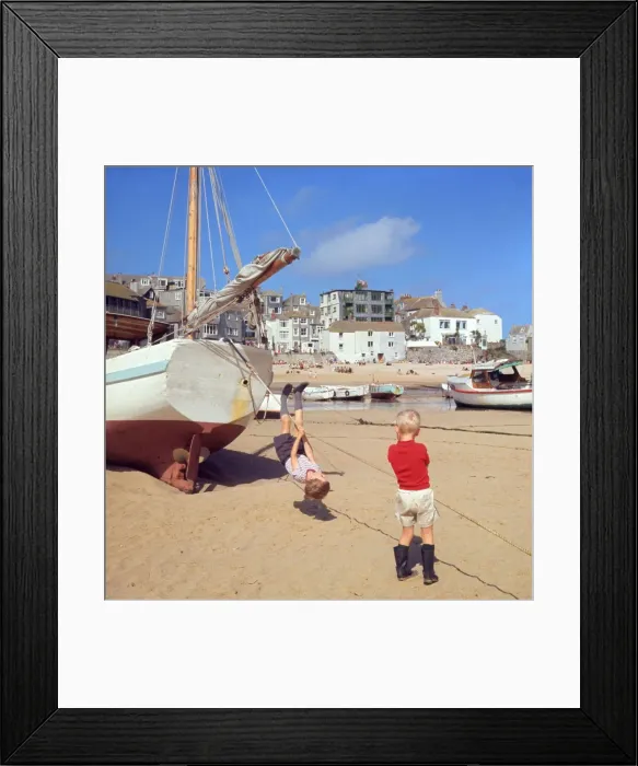 Framed Print : Two boys playing in the harbour, St Ives, Cornwall Framed Print : Two boys playing in the harbour, St Ives, Cornwall