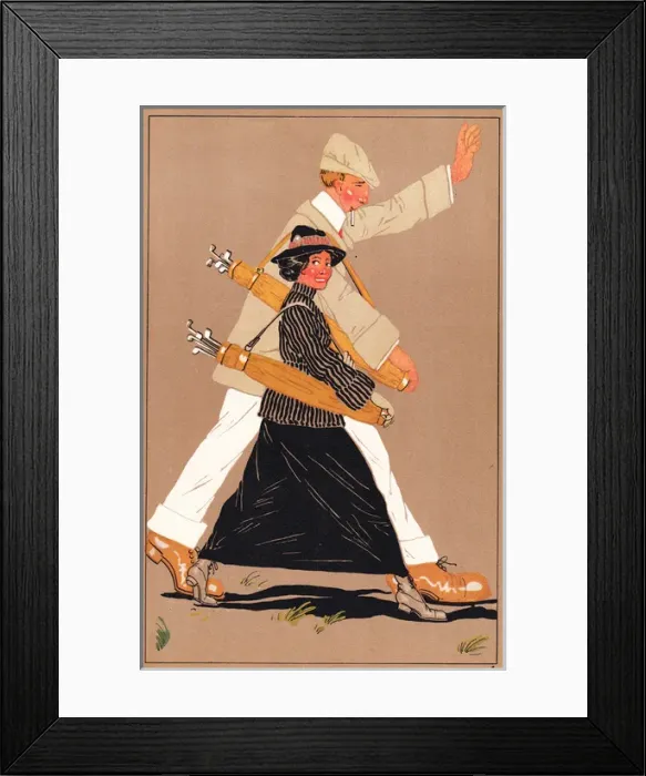 Framed Print : Edwardian golfing couple striding along Framed Print : Edwardian golfing couple striding along