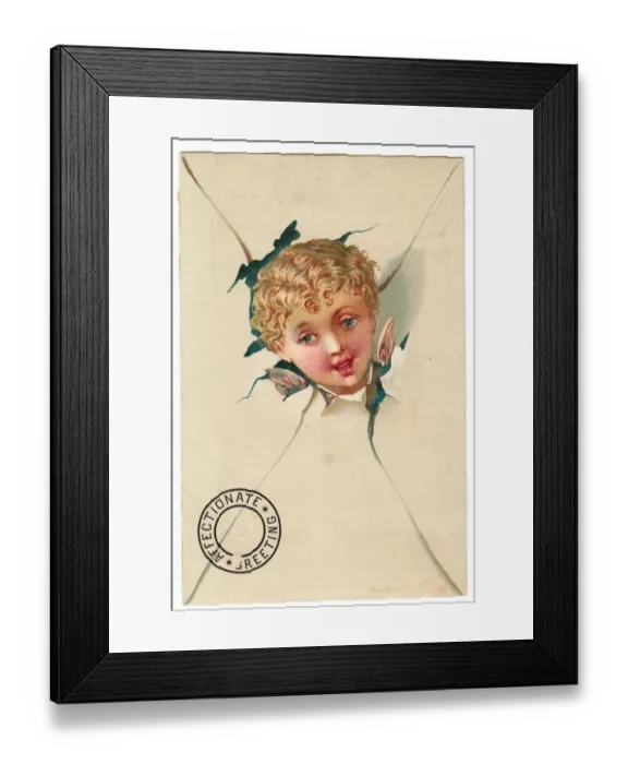 Framed Print : Cherub with envelope on a greetings card Framed Print : Cherub with envelope on a greetings card