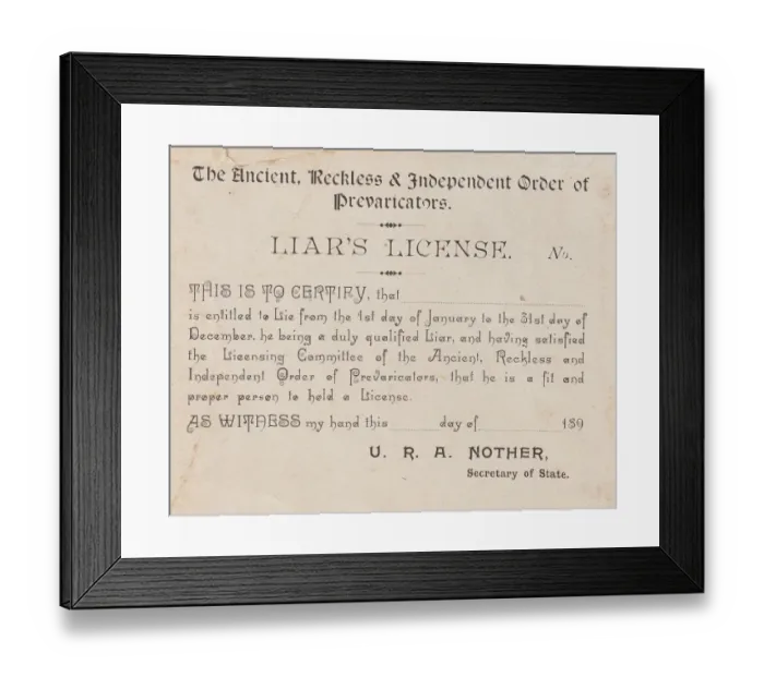 Framed Print : Liars License Card Framed Print : Liars License Card