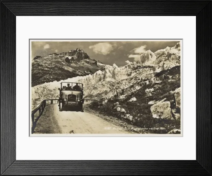 Framed Print : Saurer open top Post Bus navigates the winding Furkastrasse Framed Print : Saurer open top Post Bus navigates the winding Furkastrasse