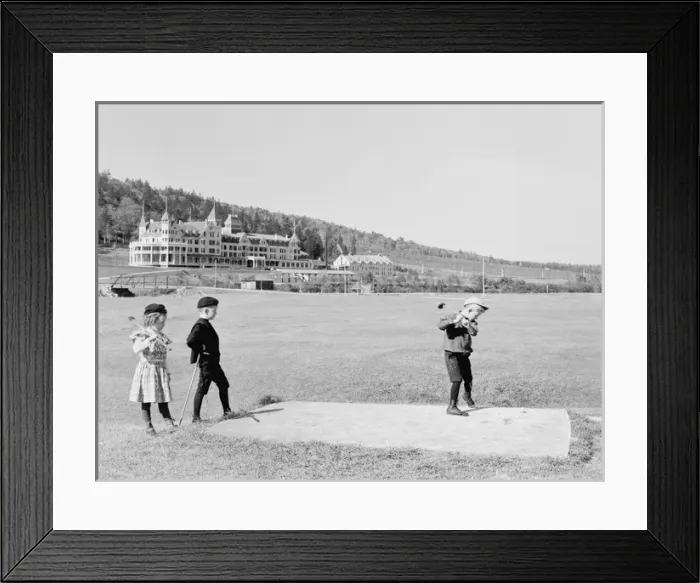 Framed Print : Children playing golf driving from the 9th tee, Mount Pleasa Framed Print : Children playing golf driving from the 9th tee, Mount Pleasa
