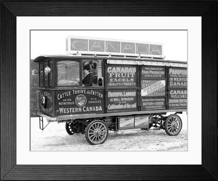 Framed Print : Advertising on a bus for Immigration to Canada Framed Print : Advertising on a bus for Immigration to Canada