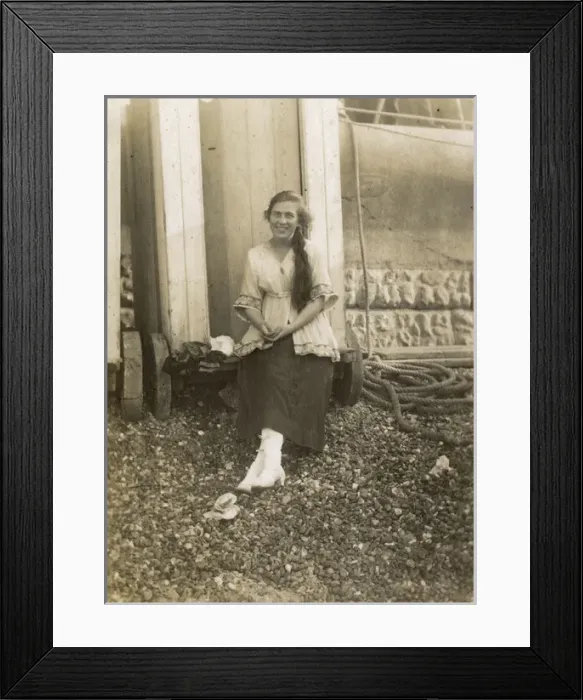 Framed Print : Bessie Benson photographed in front of her Bathing Machine Framed Print : Bessie Benson photographed in front of her Bathing Machine