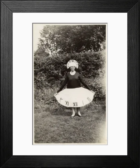 Framed Print : Lady in Fancy Dress Costume - Dressed as a clock / Sundial Framed Print : Lady in Fancy Dress Costume - Dressed as a clock / Sundial