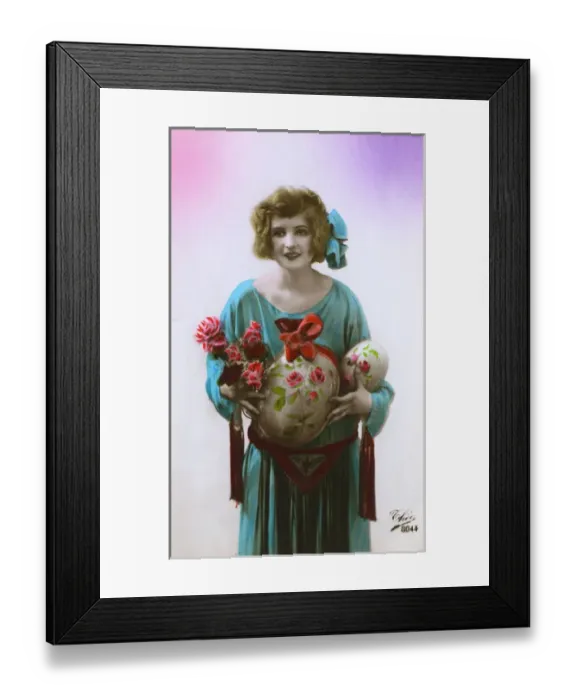 Framed Print : Easter - French model holding giant model eggs