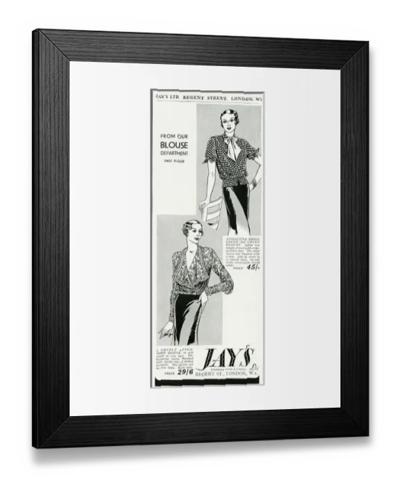 Framed Print : Advert for Jays womens blouses 1933 Framed Print : Advert for Jays womens blouses 1933