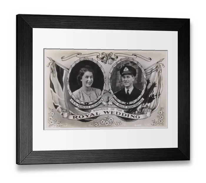 Framed Print : Souvenir postcard, Wedding, Elizabeth and Philip Mountbatten Framed Print : Souvenir postcard, Wedding, Elizabeth and Philip Mountbatten