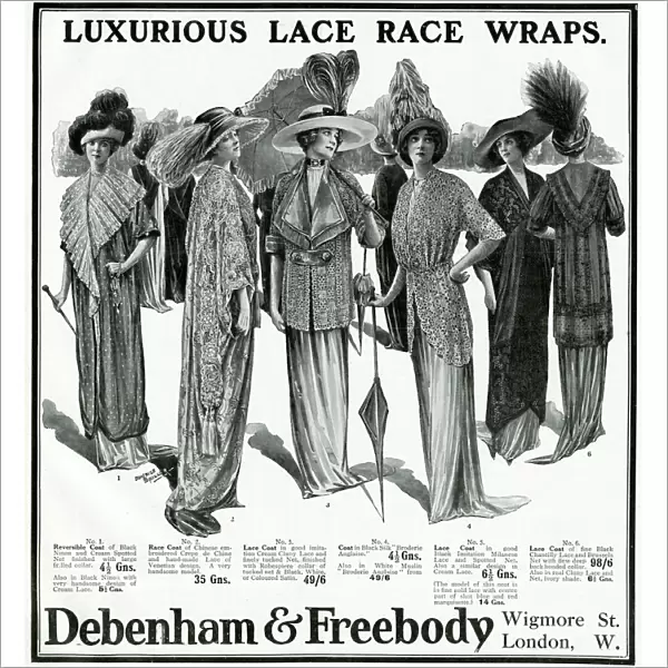 Advert for Debenham & Freebody lace race wraps 1912
