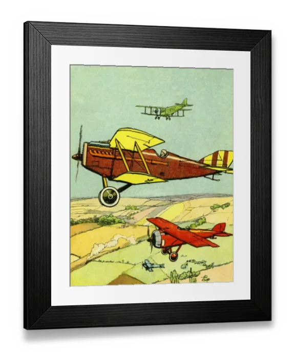 Framed Print : Air race. Biplanes and monoplanes in the air over the countryside. Date: circa 1915 Framed Print : Air race. Biplanes and monoplanes in the air over the countryside. Date: circa 1915