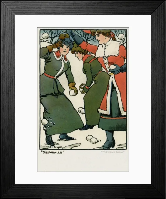 Framed Print : Snowballs. Young women throwing snowballs in a winter scene. Artist: BH Smale Date: 1904 Framed Print : Snowballs. Young women throwing snowballs in a winter scene. Artist: BH Smale Date: 1904