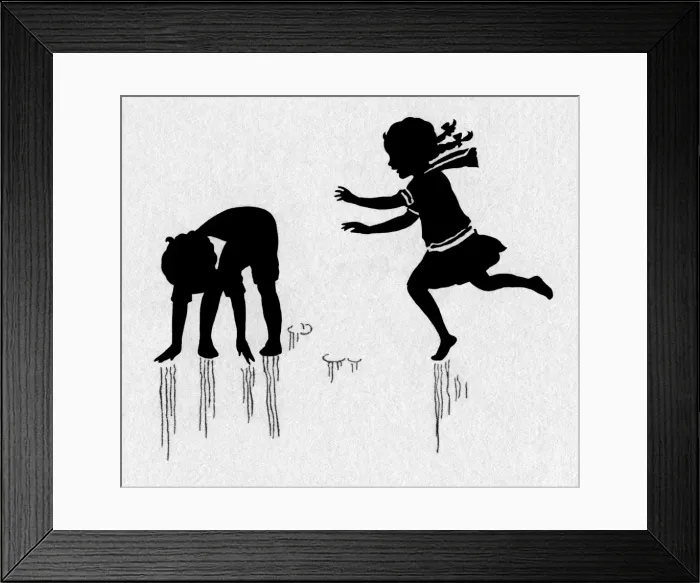 Framed Print : Leapfrog. Silhouette of boy and girl playing leapfrog.Date: circa 1930 Framed Print : Leapfrog. Silhouette of boy and girl playing leapfrog.Date: circa 1930