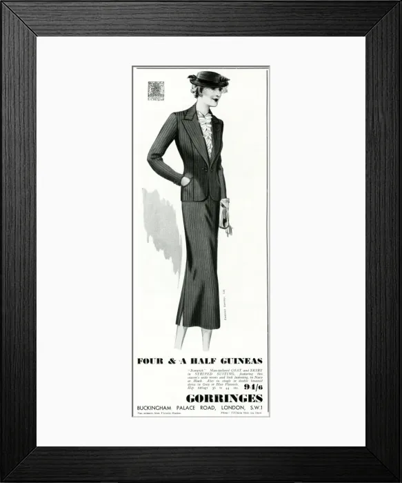 Framed Print : Advert for Gorringes womens taiored striped suit 1937 Framed Print : Advert for Gorringes womens taiored striped suit 1937