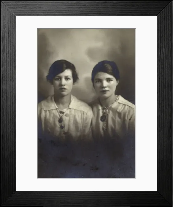 Framed Print : Studio portrait, two young women in white blouses Framed Print : Studio portrait, two young women in white blouses