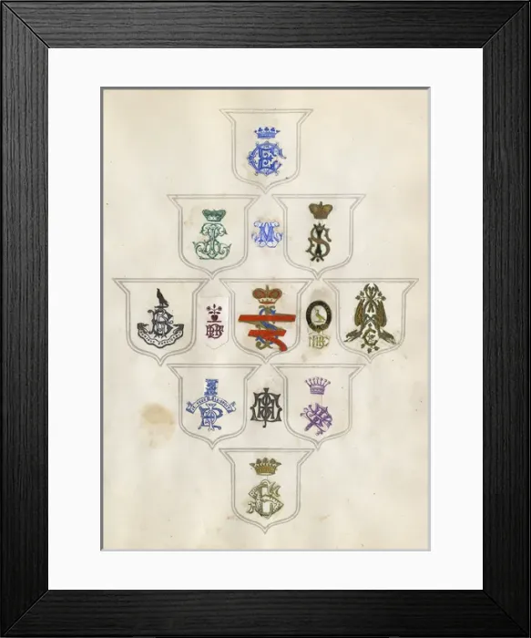 Framed Print : Loose page from a scrapbook of crests and heraldry Framed Print : Loose page from a scrapbook of crests and heraldry