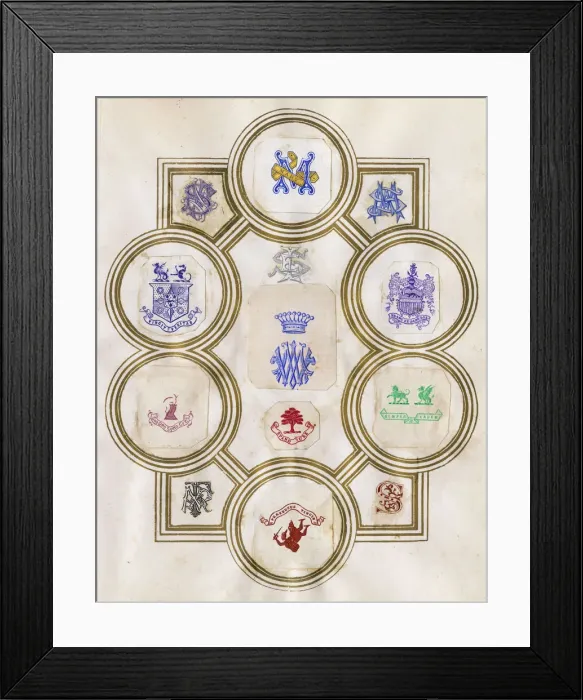 Framed Print : Loose page from a scrapbook of crests and heraldry Framed Print : Loose page from a scrapbook of crests and heraldry