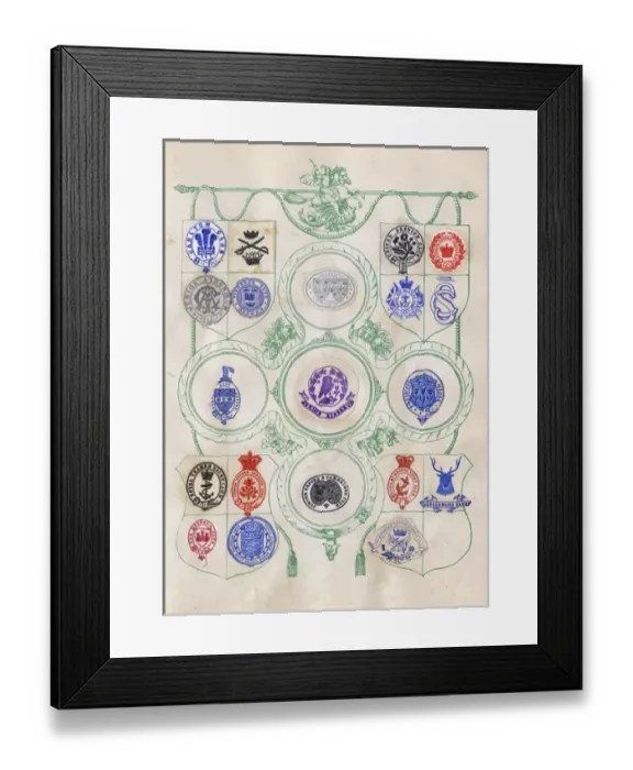 Framed Print : Loose page from a scrapbook of crests and heraldry Framed Print : Loose page from a scrapbook of crests and heraldry